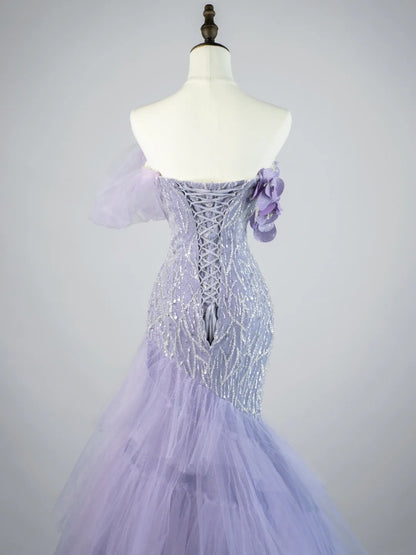 Modest Mermaid Off The Shoulder Lilac Tulle Long Prom Dresses Party Dress 22th Birthday Outfits Graduation Gown N863
