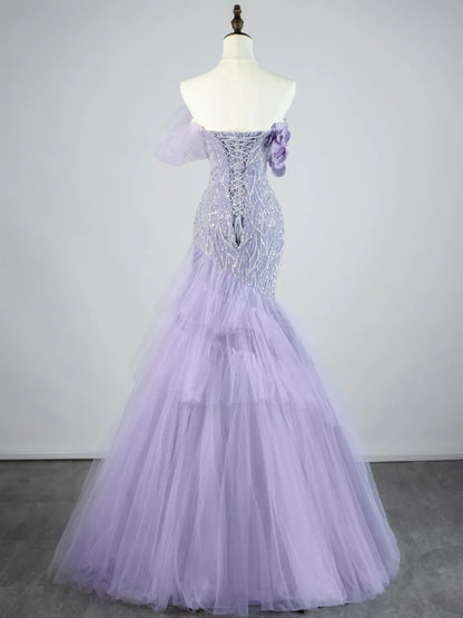 Modest Mermaid Off The Shoulder Lilac Tulle Long Prom Dresses Party Dress 22th Birthday Outfits Graduation Gown N863