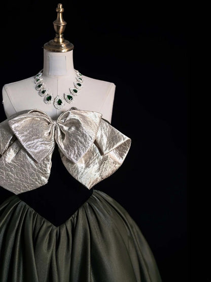 Elegantes, trägerloses, olivgrünes Satin-Abendkleid im Retro-Stil der 1950er Jahre, Abendkleid N868