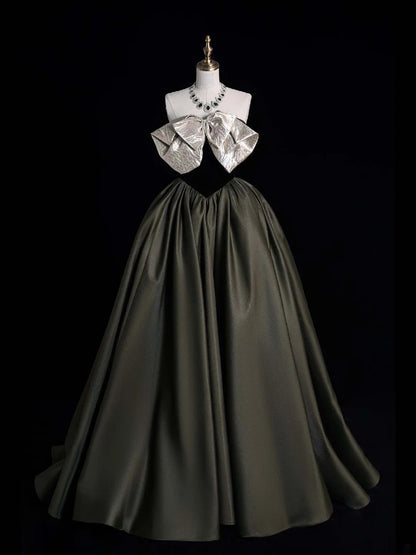 Elegantes, trägerloses, olivgrünes Satin-Abendkleid im Retro-Stil der 1950er Jahre, Abendkleid N868