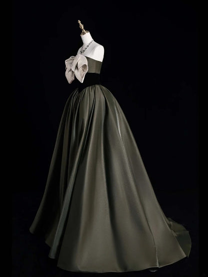 Elegantes, trägerloses, olivgrünes Satin-Abendkleid im Retro-Stil der 1950er Jahre, Abendkleid N868