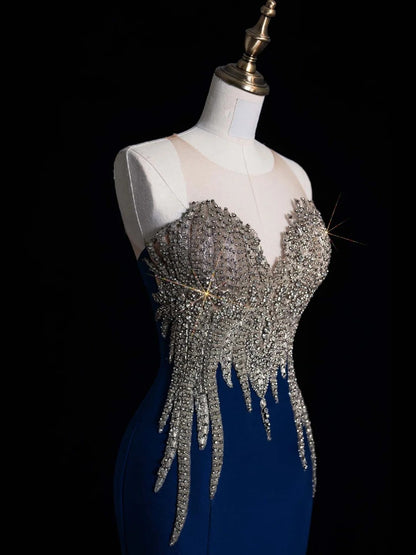 Robe de bal longue en satin bleu roi, coupe sirène, décolleté cœur, style modeste. Idéale pour une soirée, un 22e anniversaire ou une remise de diplôme (N871).