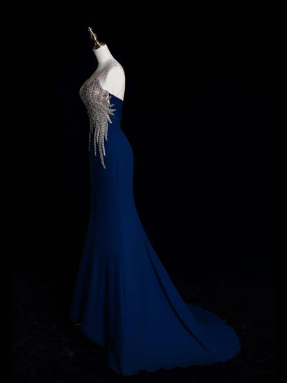 Robe de bal longue en satin bleu roi, coupe sirène, décolleté cœur, style modeste. Idéale pour une soirée, un 22e anniversaire ou une remise de diplôme (N871).
