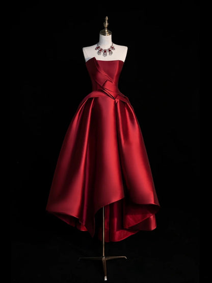 Classy Ball Gowns High Low Strapless Burgundy Satin Prom Dresses Graduation 20th Birthday Outfits N506