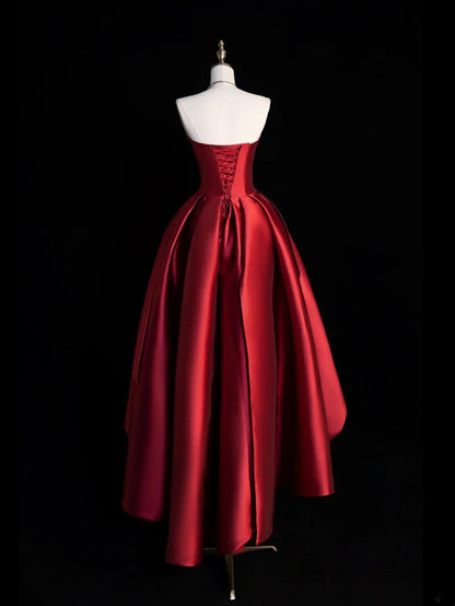 Classy Ball Gowns High Low Strapless Burgundy Satin Prom Dresses Graduation 20th Birthday Outfits N506