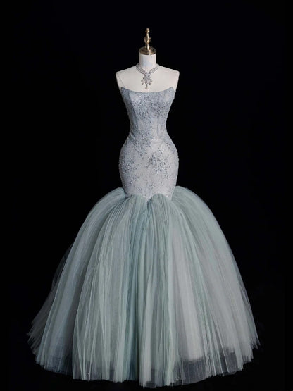 Robe de bal longue en tulle vert poudré, bustier, style sirène, taille modeste, idéale pour un 22e anniversaire ou une remise de diplôme (N872)