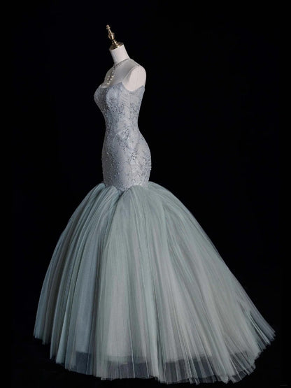 Robe de bal longue en tulle vert poudré, bustier, style sirène, taille modeste, idéale pour un 22e anniversaire ou une remise de diplôme (N872)