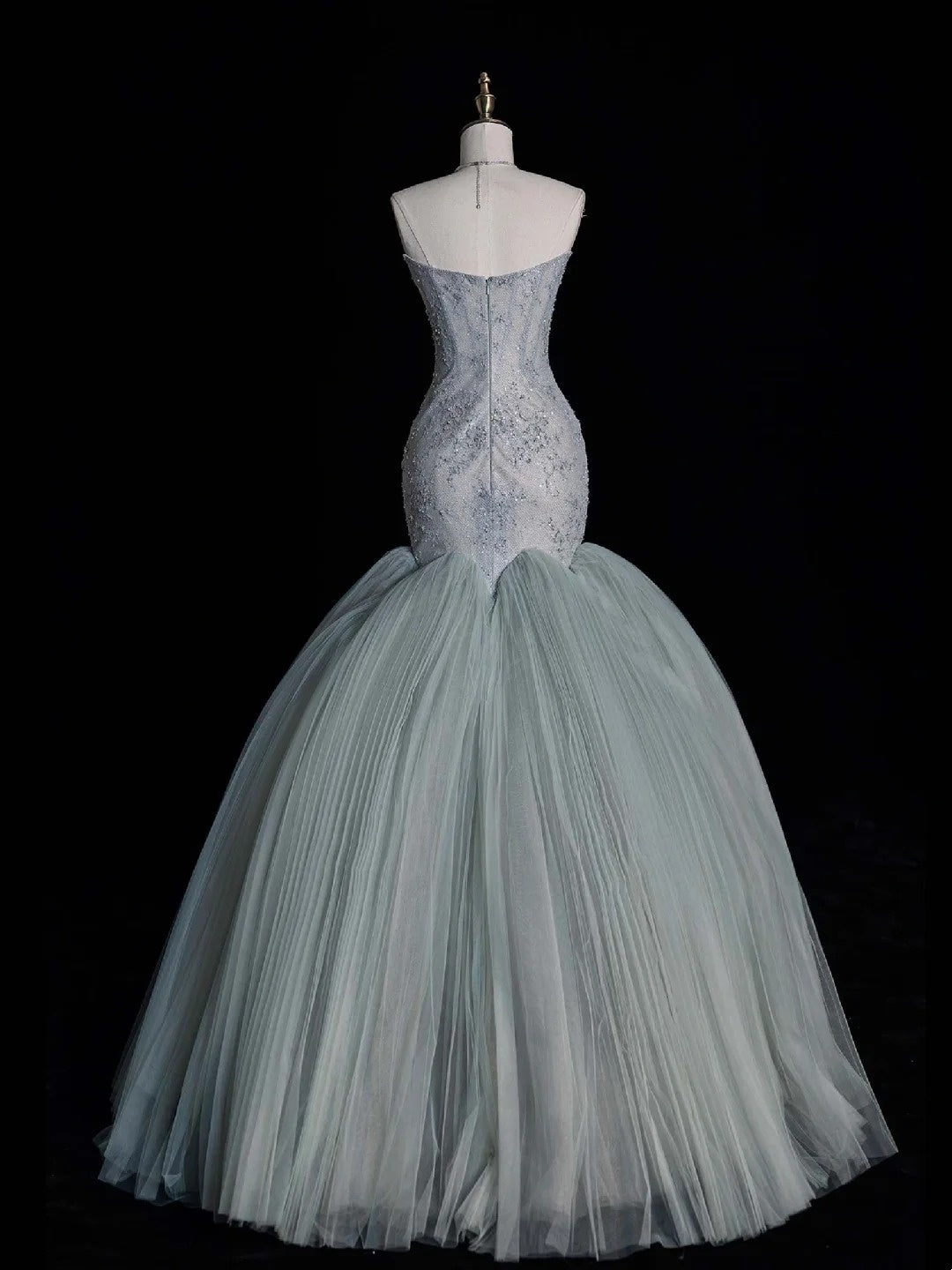 Robe de bal longue en tulle vert poudré, bustier, style sirène, taille modeste, idéale pour un 22e anniversaire ou une remise de diplôme (N872)