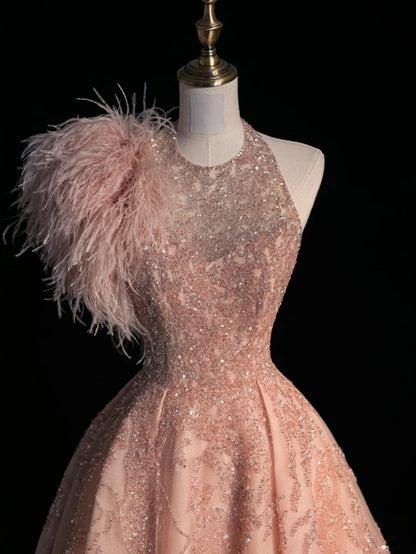 Elegante Ballkleider mit Rundhalsausschnitt, Pailletten, rosafarben, langes Abendkleid, Abschlussballkleid, Outfit für den 20. Geburtstag N873