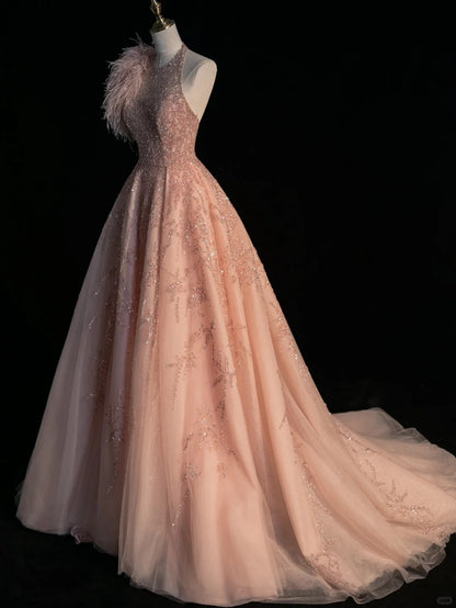 Elegante Ballkleider mit Rundhalsausschnitt, Pailletten, rosafarben, langes Abendkleid, Abschlussballkleid, Outfit für den 20. Geburtstag N873