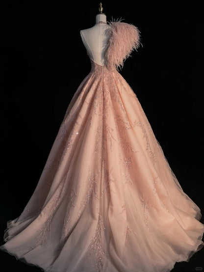 Elegante Ballkleider mit Rundhalsausschnitt, Pailletten, rosafarben, langes Abendkleid, Abschlussballkleid, Outfit für den 20. Geburtstag N873