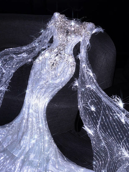 Robe de mariée sirène féérique à sequins et corsage perlé, longue robe de mariée cintrée N862