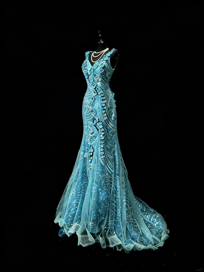 Robe de soirée longue sirène chic à col en V en dentelle et sequins bleus, robe de bal élégante pour les élèves de terminale, modèle N938