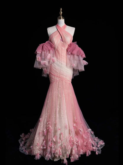 Robe de soirée rétro sirène dos nu en tulle rose à manches longues, robe de bal de fin d'année, robe de soirée élégante N962