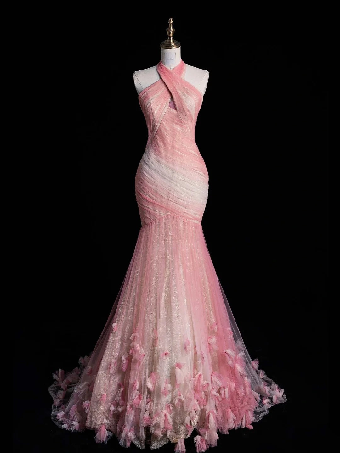 Robe de soirée rétro sirène dos nu en tulle rose à manches longues, robe de bal de fin d'année, robe de soirée élégante N962