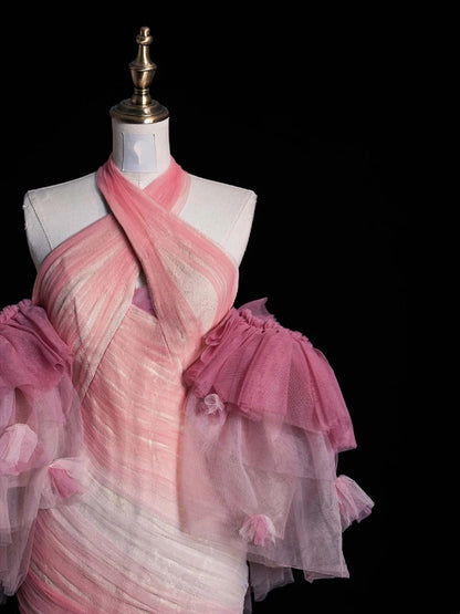 Robe de soirée rétro sirène dos nu en tulle rose à manches longues, robe de bal de fin d'année, robe de soirée élégante N962