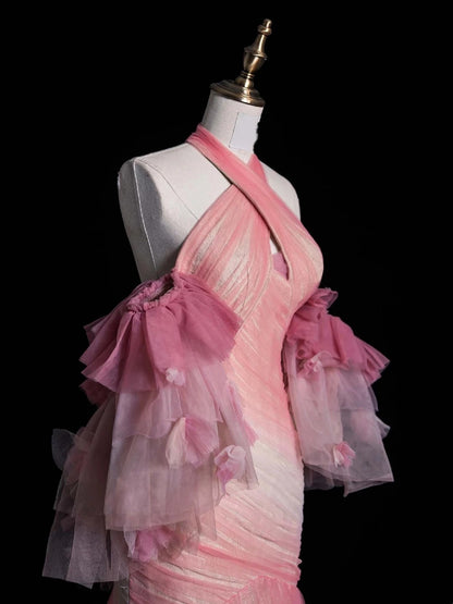 Robe de soirée rétro sirène dos nu en tulle rose à manches longues, robe de bal de fin d'année, robe de soirée élégante N962