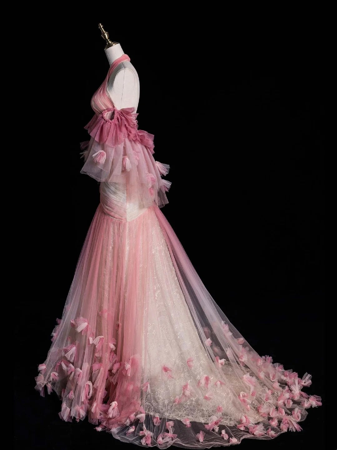 Robe de soirée rétro sirène dos nu en tulle rose à manches longues, robe de bal de fin d'année, robe de soirée élégante N962