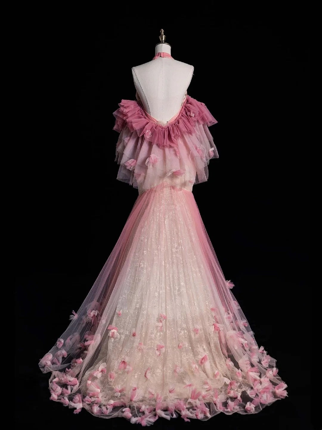 Robe de soirée rétro sirène dos nu en tulle rose à manches longues, robe de bal de fin d'année, robe de soirée élégante N962