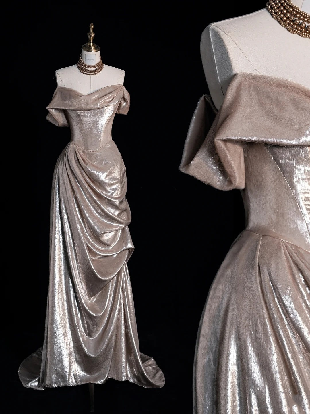 Robe de bal longue princesse sirène à épaules dénudées couleur champagne, tenue de soirée formelle N963
