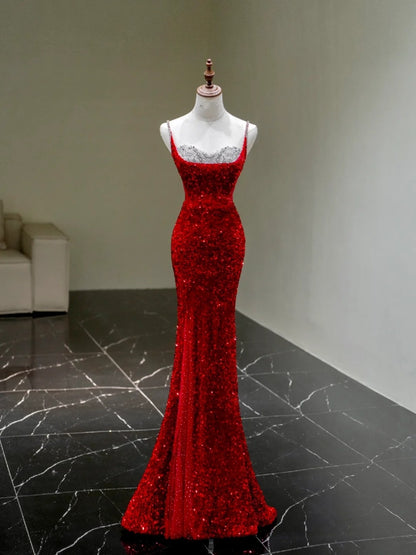 Robe de soirée longue sirène chic à fines bretelles et sequins rouges, robe de bal élégante, robe de soirée formelle N940