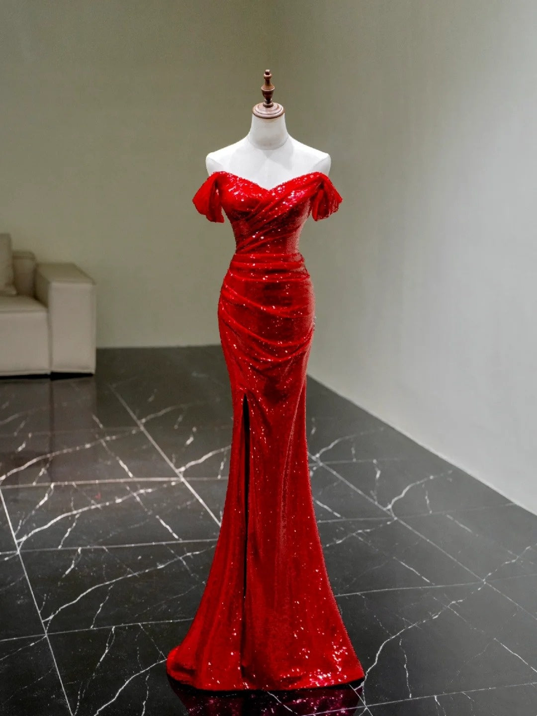 Sexy Mermaid Off The Shoulder Red Sequins With Sleeves Long Prom Dress Evening Outfits Formal Dress N942