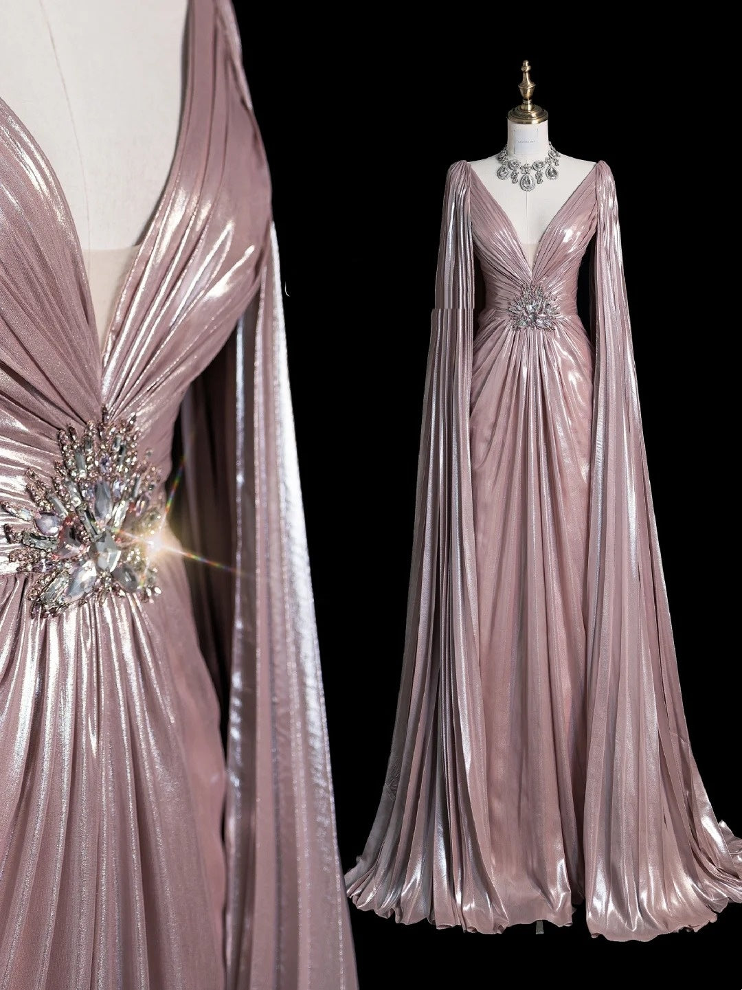 Robe de bal longue vintage en satin rose, coupe trapèze, col en V, corsage perlé et cape, tenue de soirée formelle N541