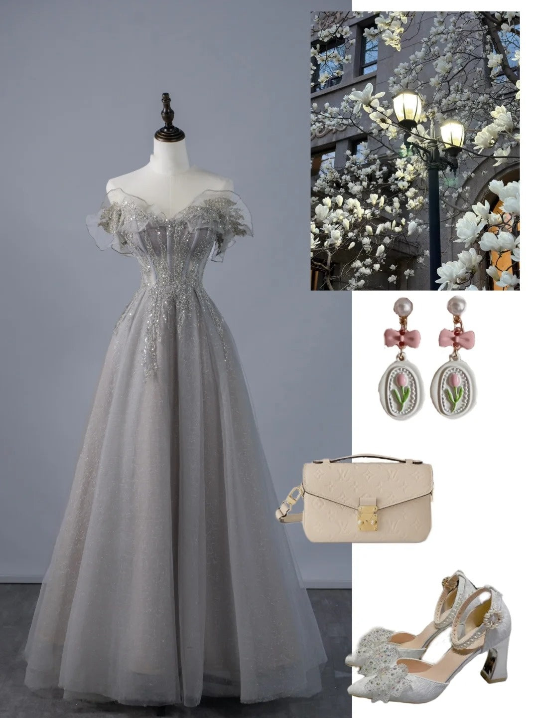 Sexy A line Off The Shoulder Grey Tulle With Sleeves Long Prom Dresses Evening Outfits Formal Dress N945