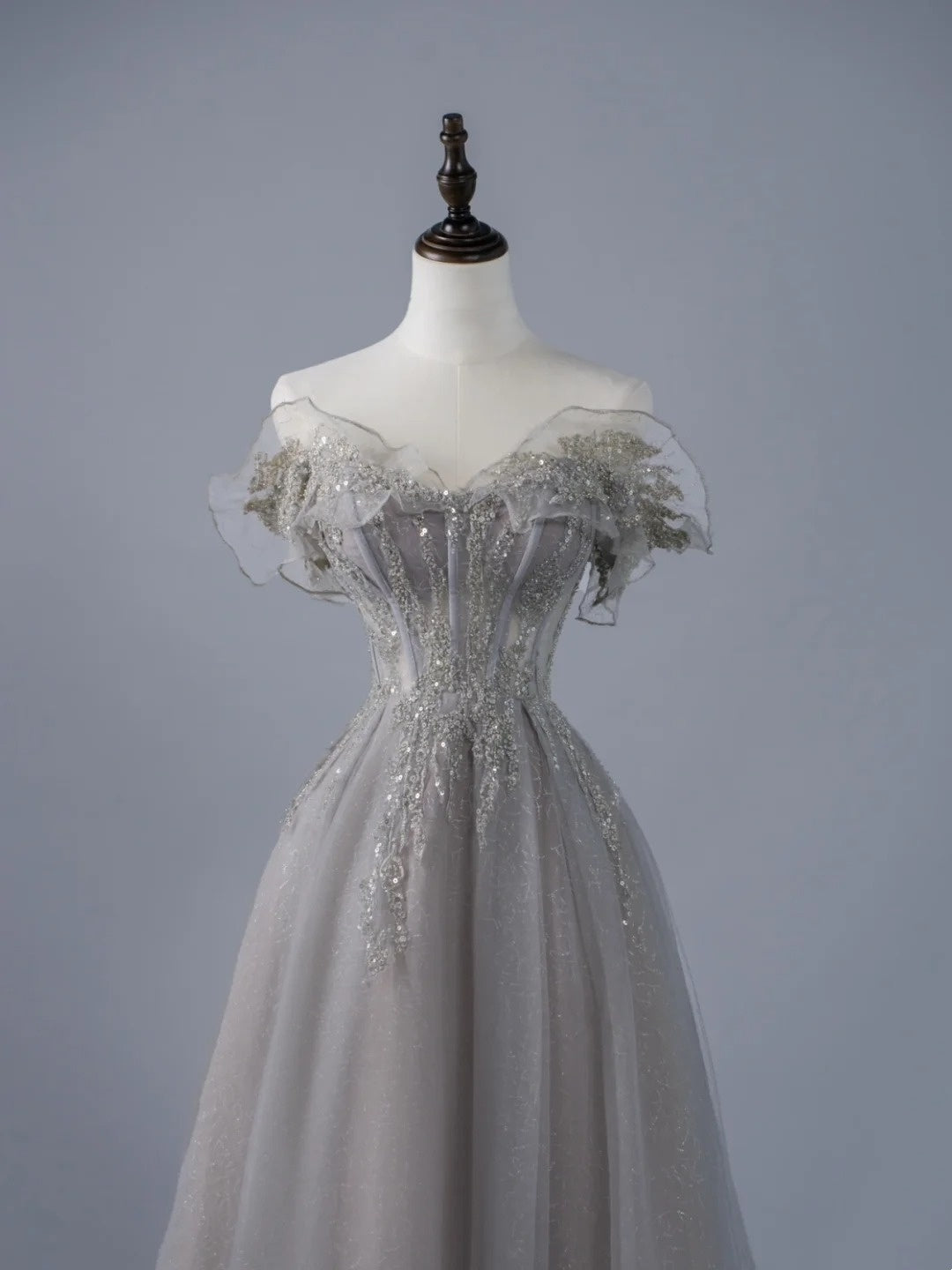 Sexy A line Off The Shoulder Grey Tulle With Sleeves Long Prom Dresses Evening Outfits Formal Dress N945
