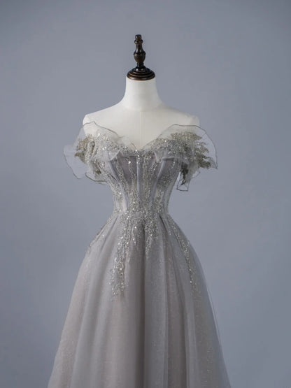 Sexy A line Off The Shoulder Grey Tulle With Sleeves Long Prom Dresses Evening Outfits Formal Dress N945