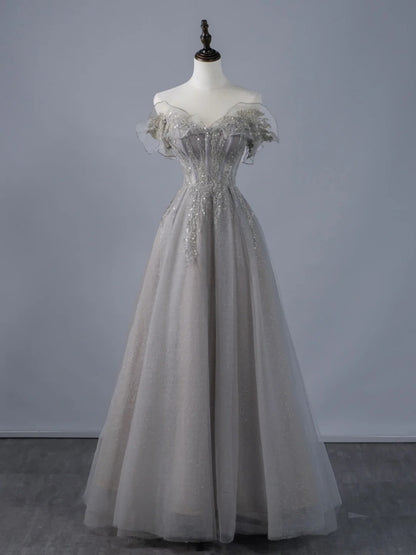 Sexy A line Off The Shoulder Grey Tulle With Sleeves Long Prom Dresses Evening Outfits Formal Dress N945