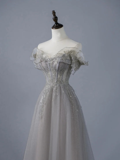 Sexy A line Off The Shoulder Grey Tulle With Sleeves Long Prom Dresses Evening Outfits Formal Dress N945