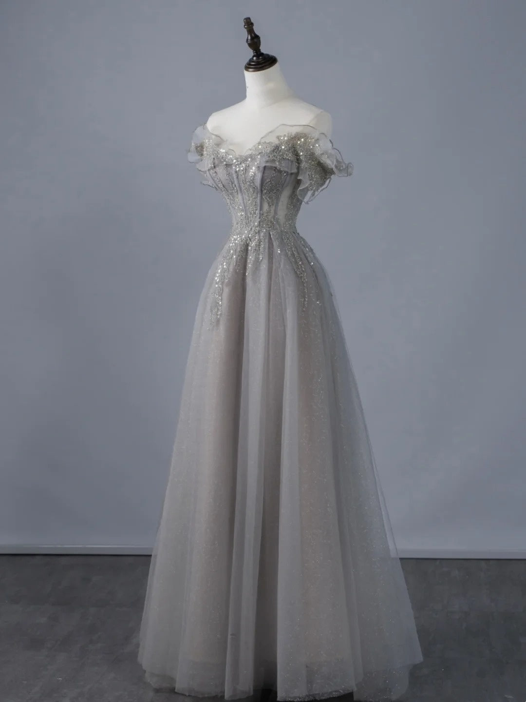 Sexy A line Off The Shoulder Grey Tulle With Sleeves Long Prom Dresses Evening Outfits Formal Dress N945