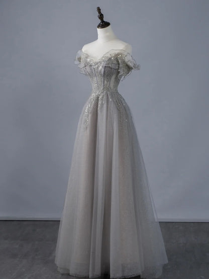 Sexy A line Off The Shoulder Grey Tulle With Sleeves Long Prom Dresses Evening Outfits Formal Dress N945