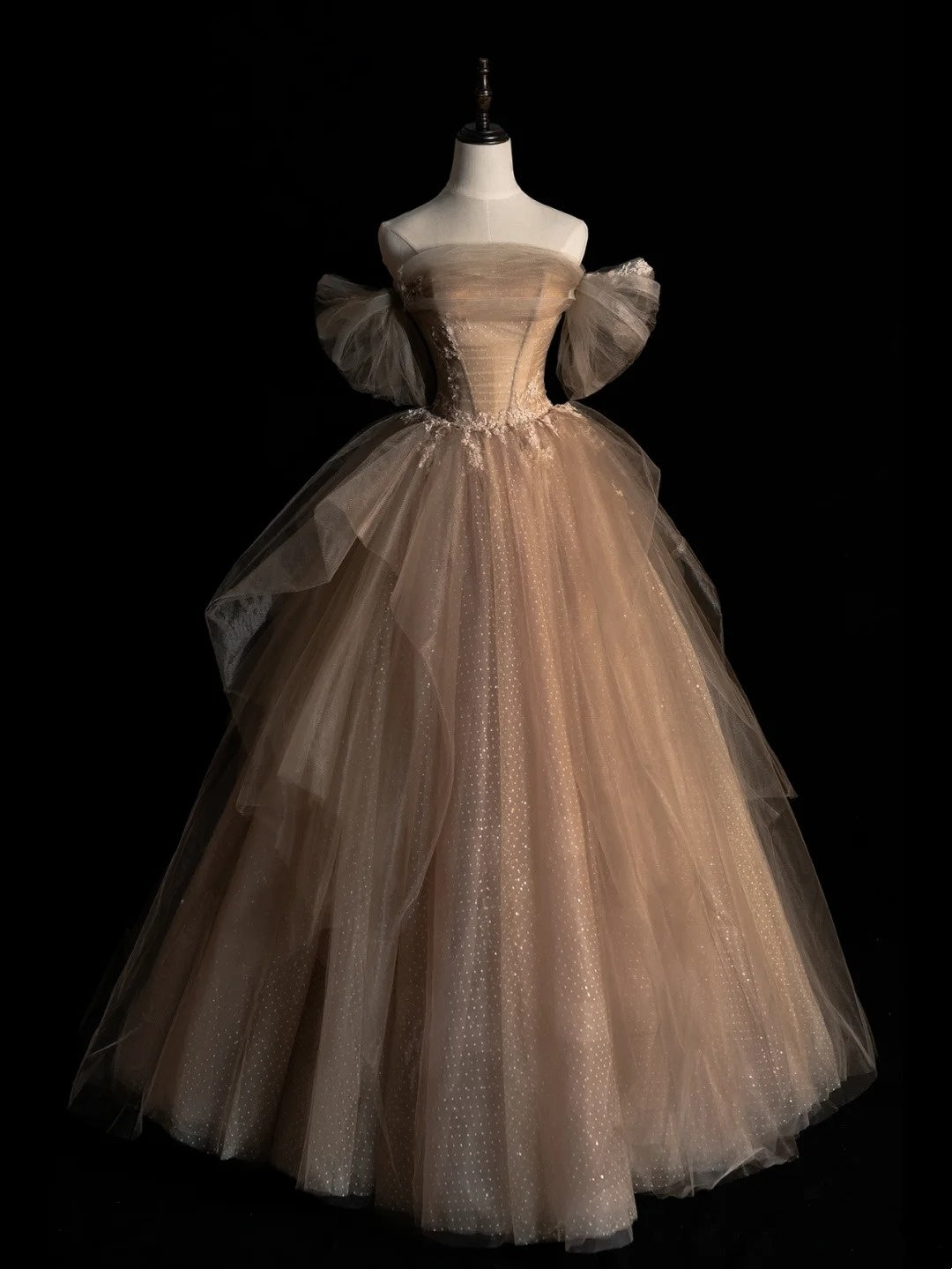 Robe de bal sexy épaules dénudées en tulle champagne à manches longues, tenue de soirée, robe de cérémonie N949