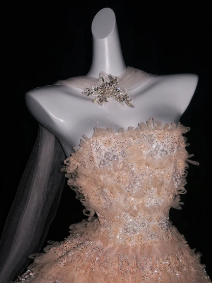 Robe de bal rétro bustier cœur en tulle rose poudré avec nœud papillon, robe de soirée, robe de bal de fin d'année, robe de soirée élégante N951