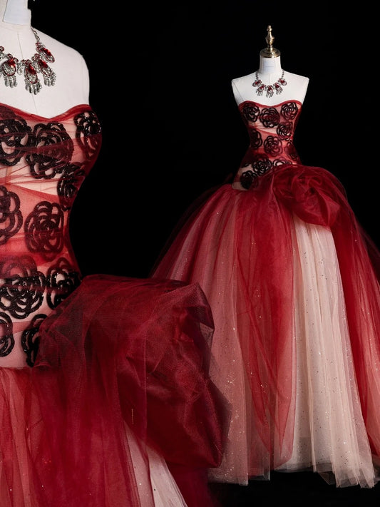 Elegantes, rotes Tüll-Abendkleid mit Herzausschnitt, langes Ballkleid, Partykleid zum 16. Geburtstag, Abschlusskleid N931