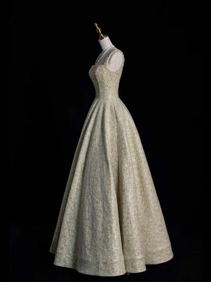 Robe de soirée longue vert menthe à paillettes, coupe trapèze, col carré, style glamour, référence N952