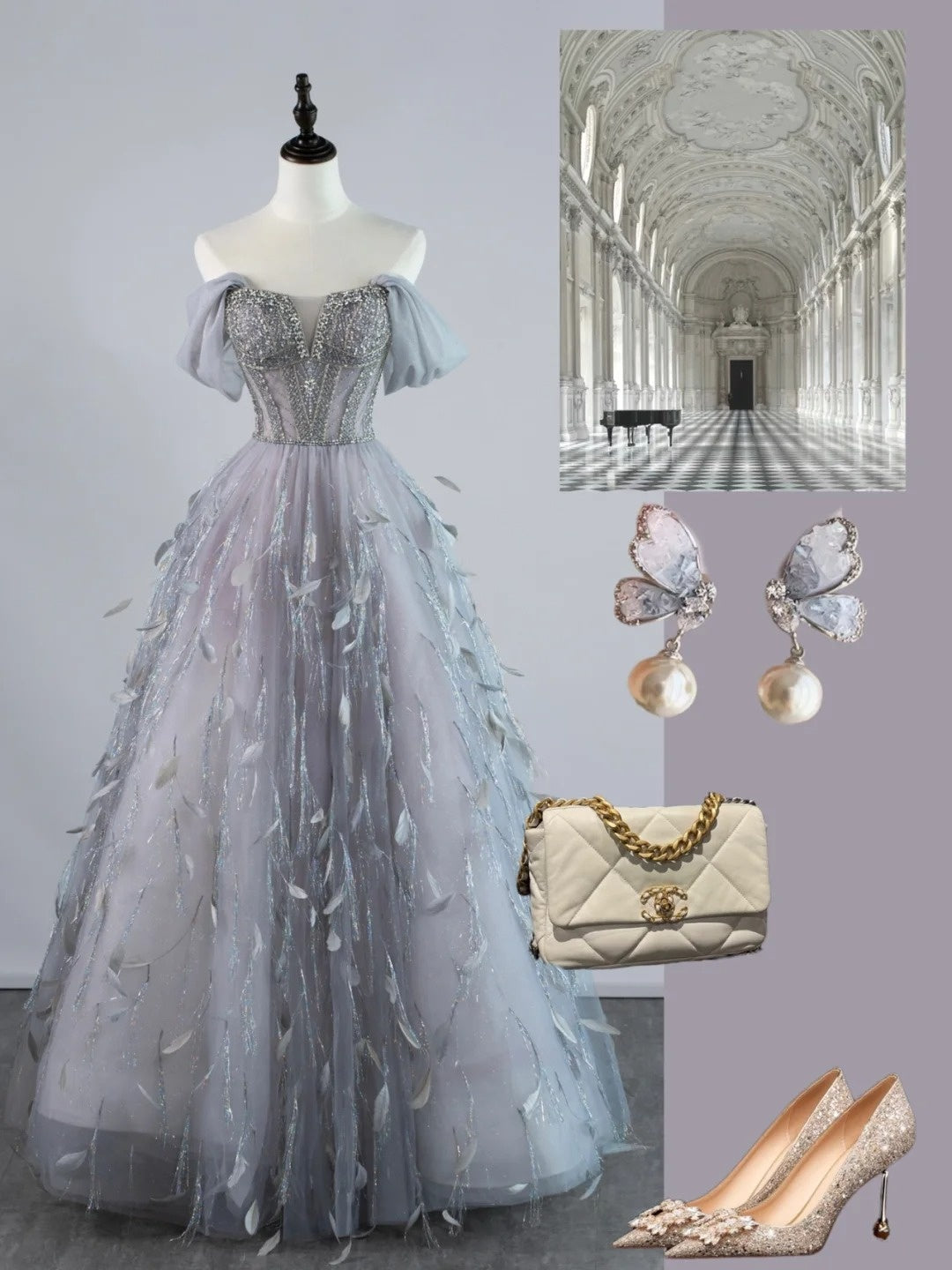 Robe de bal sexy à épaules dénudées en tulle gris argenté avec manches longues, tenue de soirée, robe de cérémonie N953