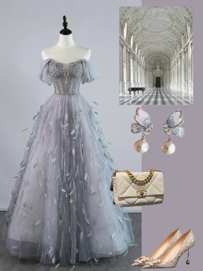 Robe de bal sexy à épaules dénudées en tulle gris argenté avec manches longues, tenue de soirée, robe de cérémonie N953