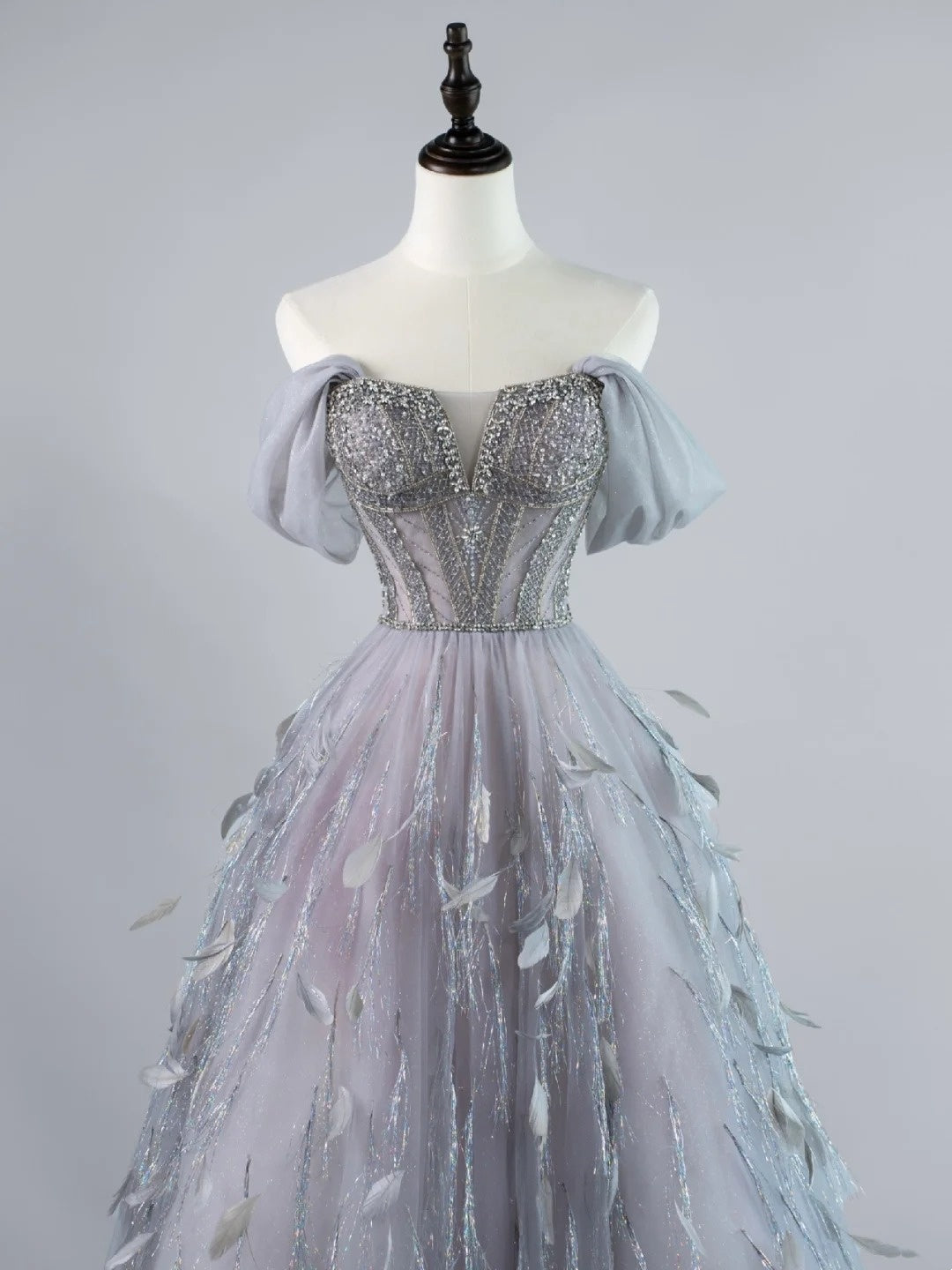 Robe de bal sexy à épaules dénudées en tulle gris argenté avec manches longues, tenue de soirée, robe de cérémonie N953
