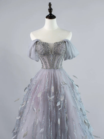 Robe de bal sexy à épaules dénudées en tulle gris argenté avec manches longues, tenue de soirée, robe de cérémonie N953