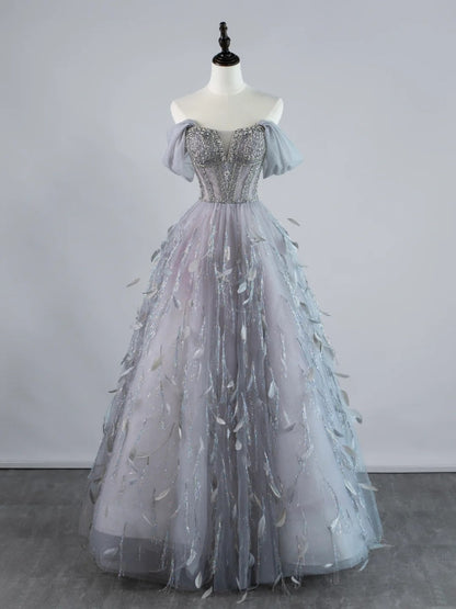Robe de bal sexy à épaules dénudées en tulle gris argenté avec manches longues, tenue de soirée, robe de cérémonie N953