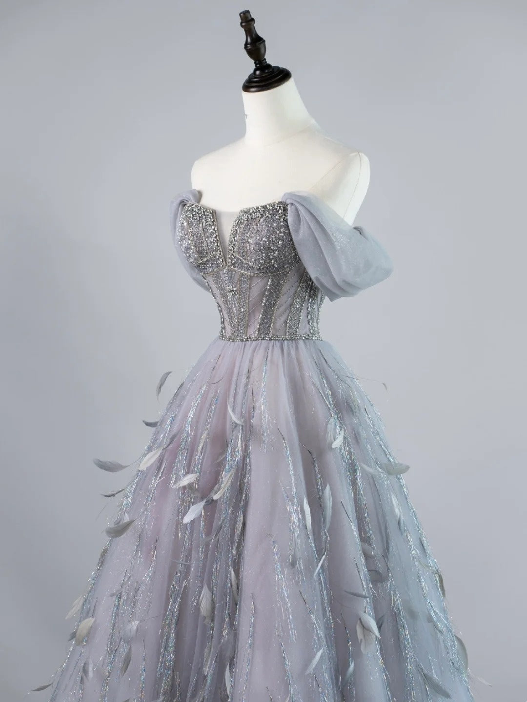 Robe de bal sexy à épaules dénudées en tulle gris argenté avec manches longues, tenue de soirée, robe de cérémonie N953