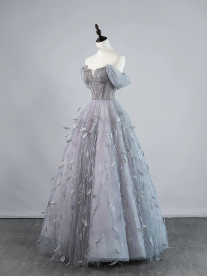 Robe de bal sexy à épaules dénudées en tulle gris argenté avec manches longues, tenue de soirée, robe de cérémonie N953
