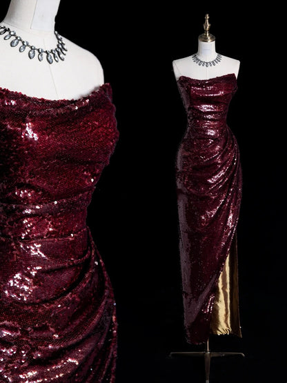 Vintage Sheath Strapless Burgundy Sequins With Slit Long Prom Dress Evening Outfits Formal Dress N932