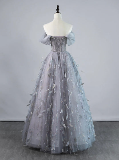Robe de bal sexy à épaules dénudées en tulle gris argenté avec manches longues, tenue de soirée, robe de cérémonie N953