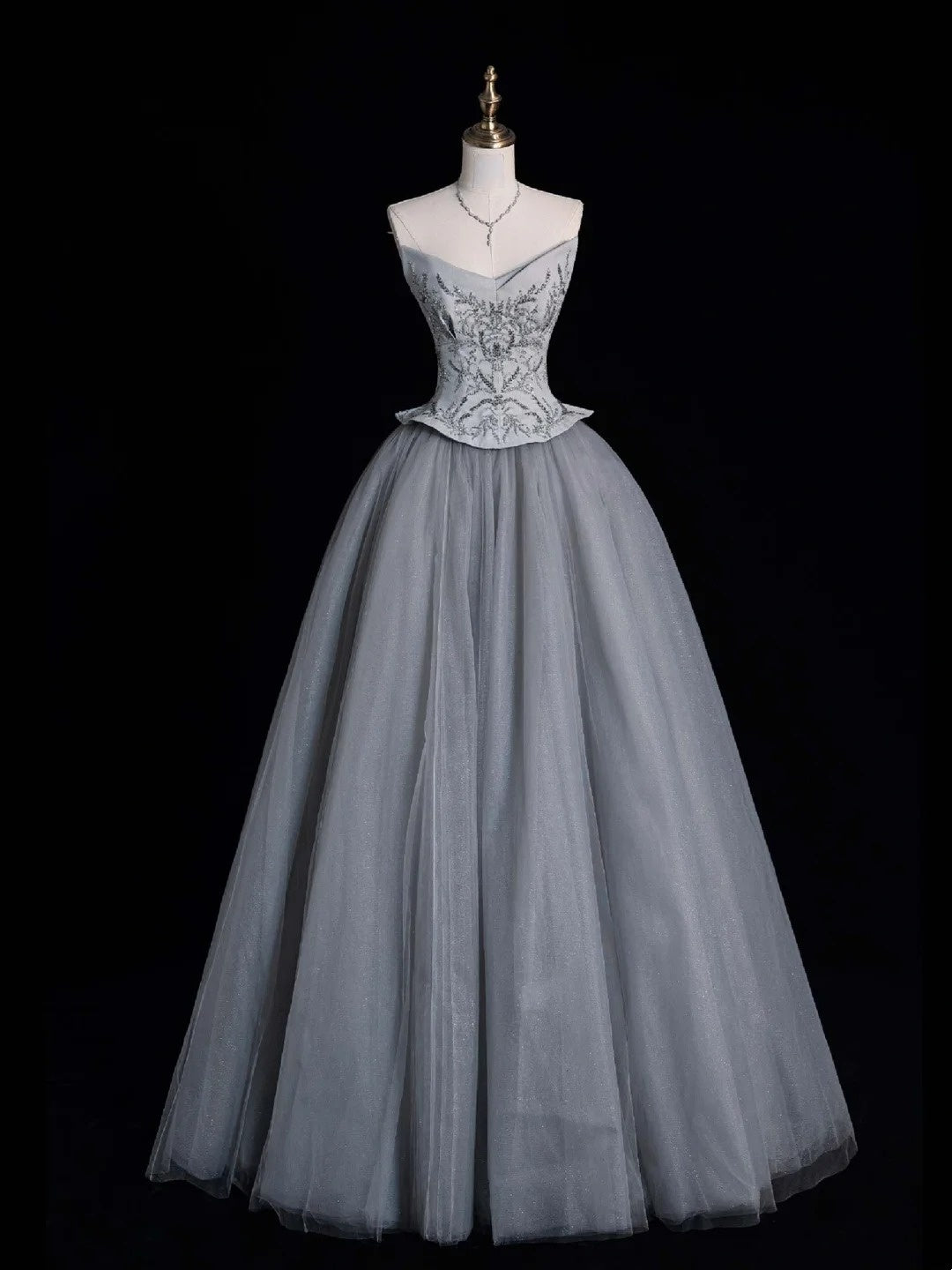Retro-Ballkleid mit herzförmigem Ausschnitt, grauem Tüll und perlenbesetztem Oberteil, Partykleid, Abschlussballkleid, elegantes Abendkleid für Senioren, N955