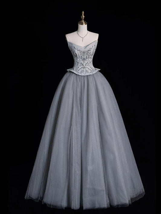 Retro-Ballkleid mit herzförmigem Ausschnitt, grauem Tüll und perlenbesetztem Oberteil, Partykleid, Abschlussballkleid, elegantes Abendkleid für Senioren, N955