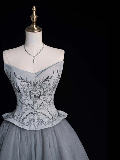 Retro-Ballkleid mit herzförmigem Ausschnitt, grauem Tüll und perlenbesetztem Oberteil, Partykleid, Abschlussballkleid, elegantes Abendkleid für Senioren, N955